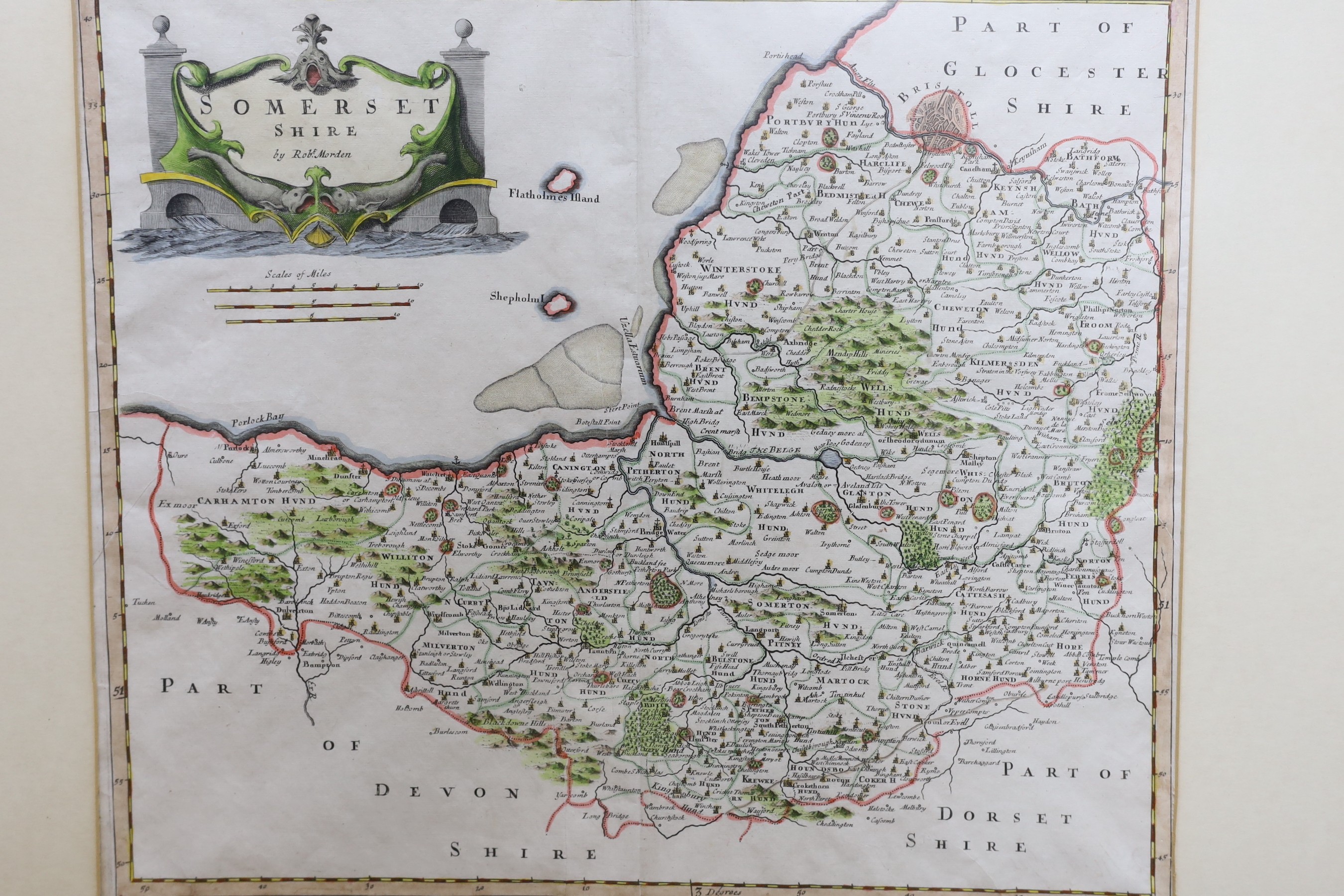 Robert Morden, coloured engraving, Map of Somerset Shire, further Morden maps of Cumberland, Gloucestershire, Scotland and Westmorland, a Bowen map of Essex, a Saxton & Hole map of Universi Derbiensis and three later ste